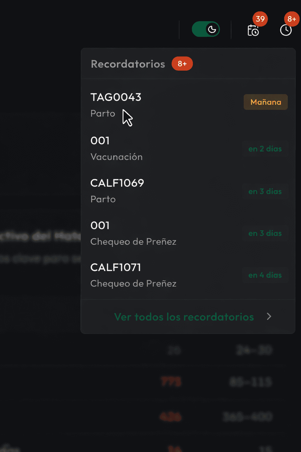 Menú de alertas automáticas para tareas prioritarias