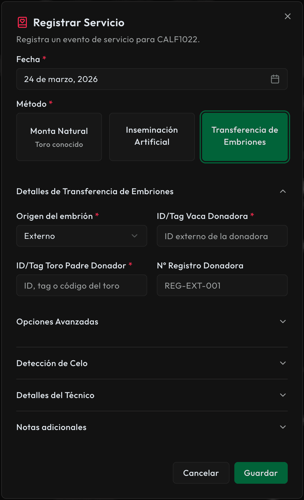 Formulario de servicios reproductivos con opciones natural, IA y transferencia de embriones