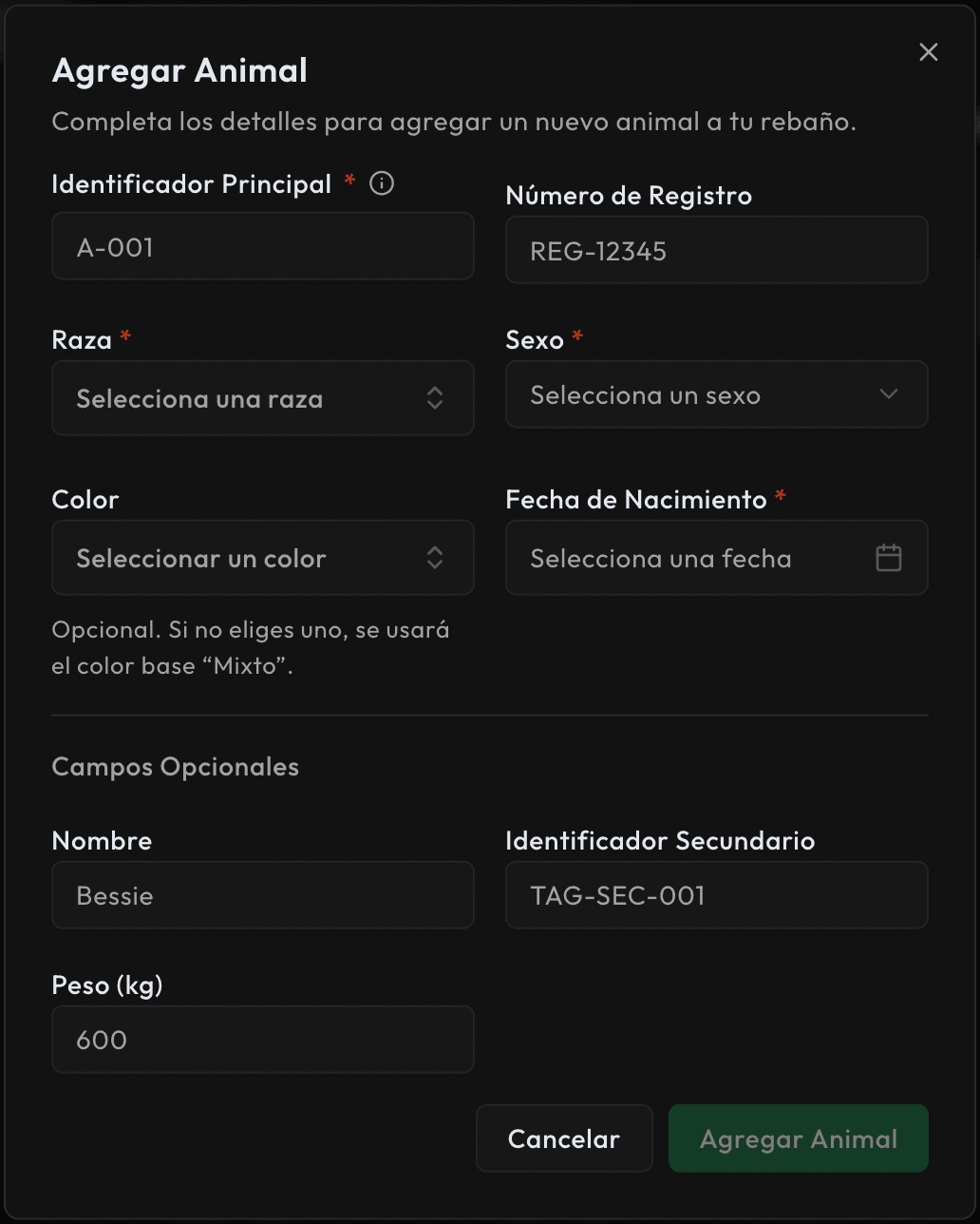 Menú para crear animales y cargar inventario