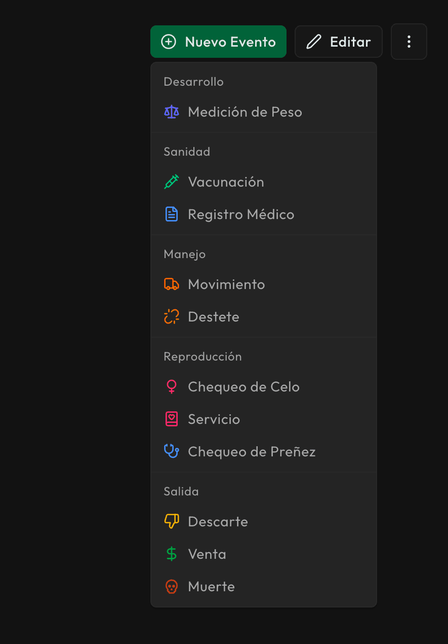 Menú de eventos diarios para registrar actividades del hato