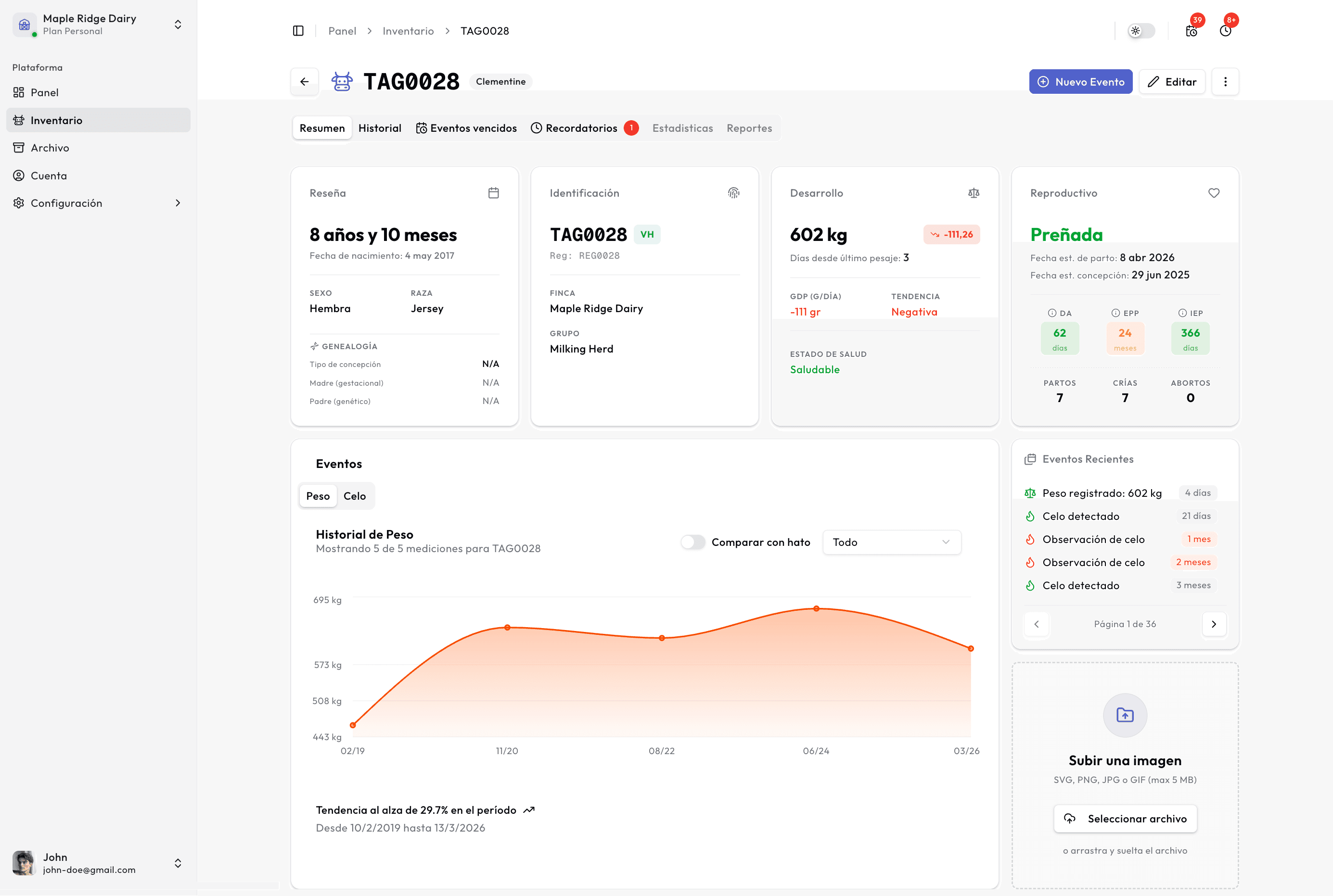 Hoja de vida de un animal en Kapataz