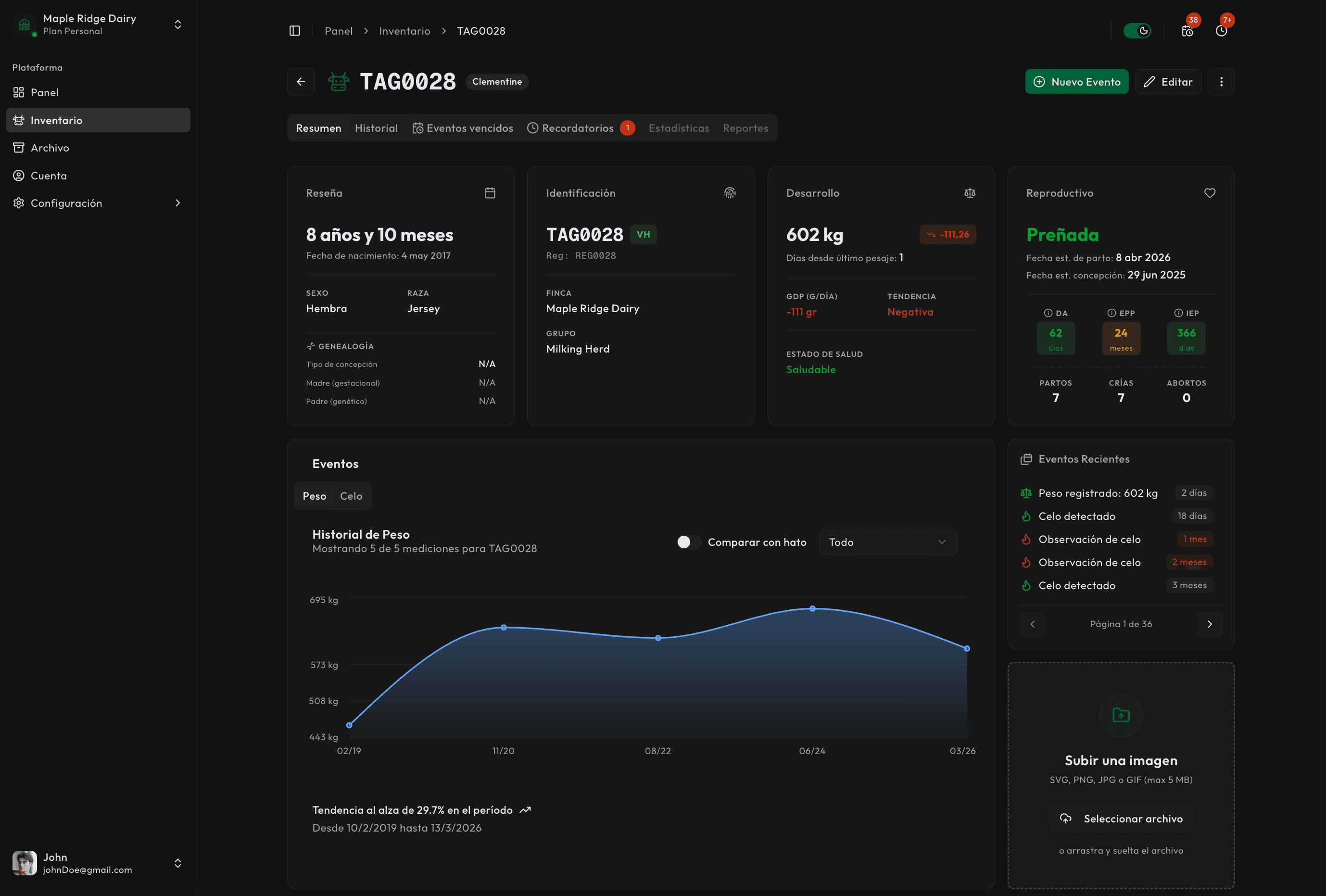 Hoja de vida de un animal en Kapataz