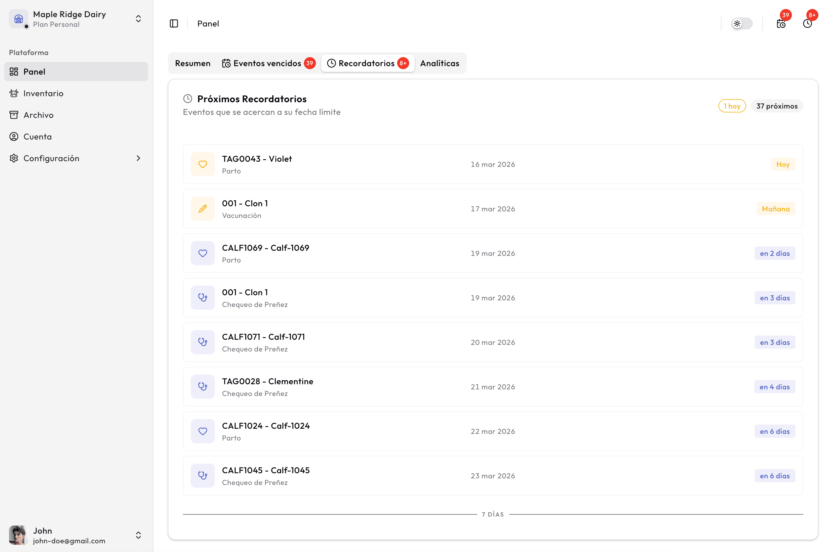 Recordatorios de eventos en Kapataz