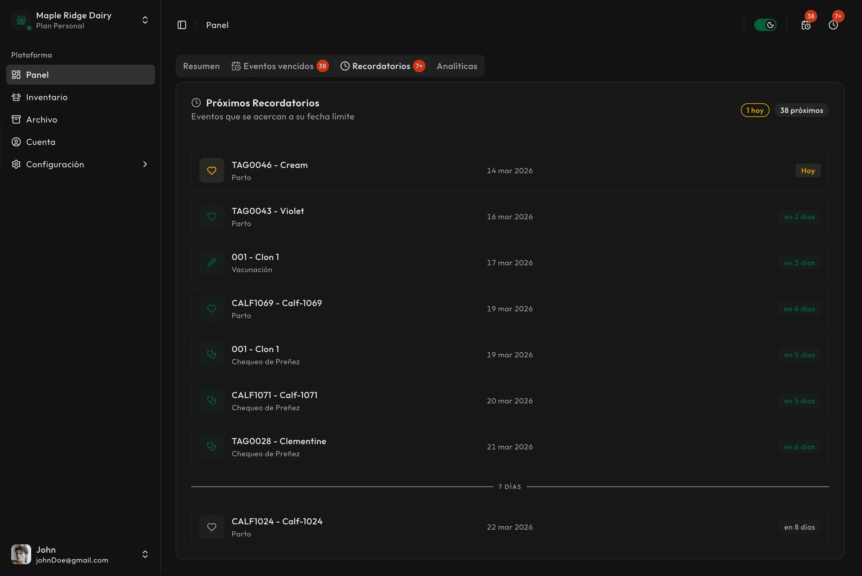 Recordatorios de eventos en Kapataz
